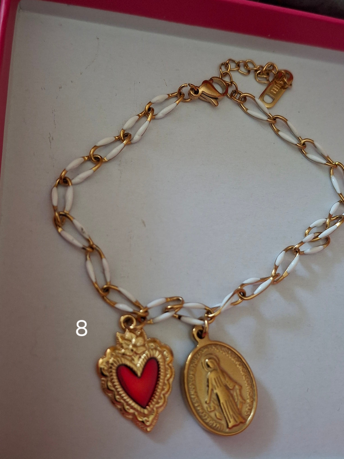 Bracelet chaîne maille gourmette acier inoxydable stainless steel et résine colorée breloques coeur et madone handmade réglable ajustable
