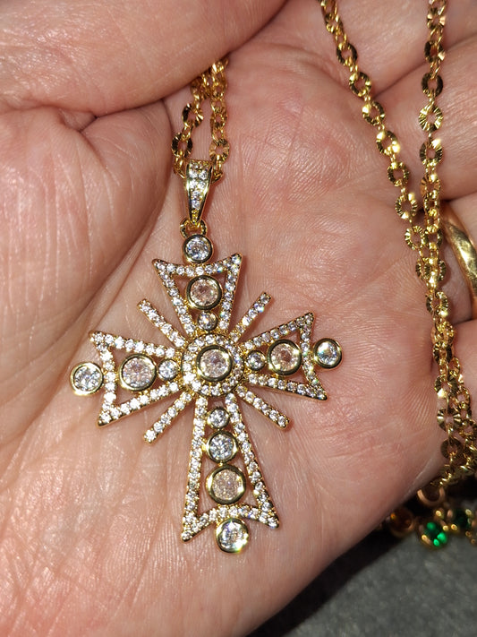 Halskette Edelstahl 316 große Kreuz 18K vergoldet Zirkonia besetzt