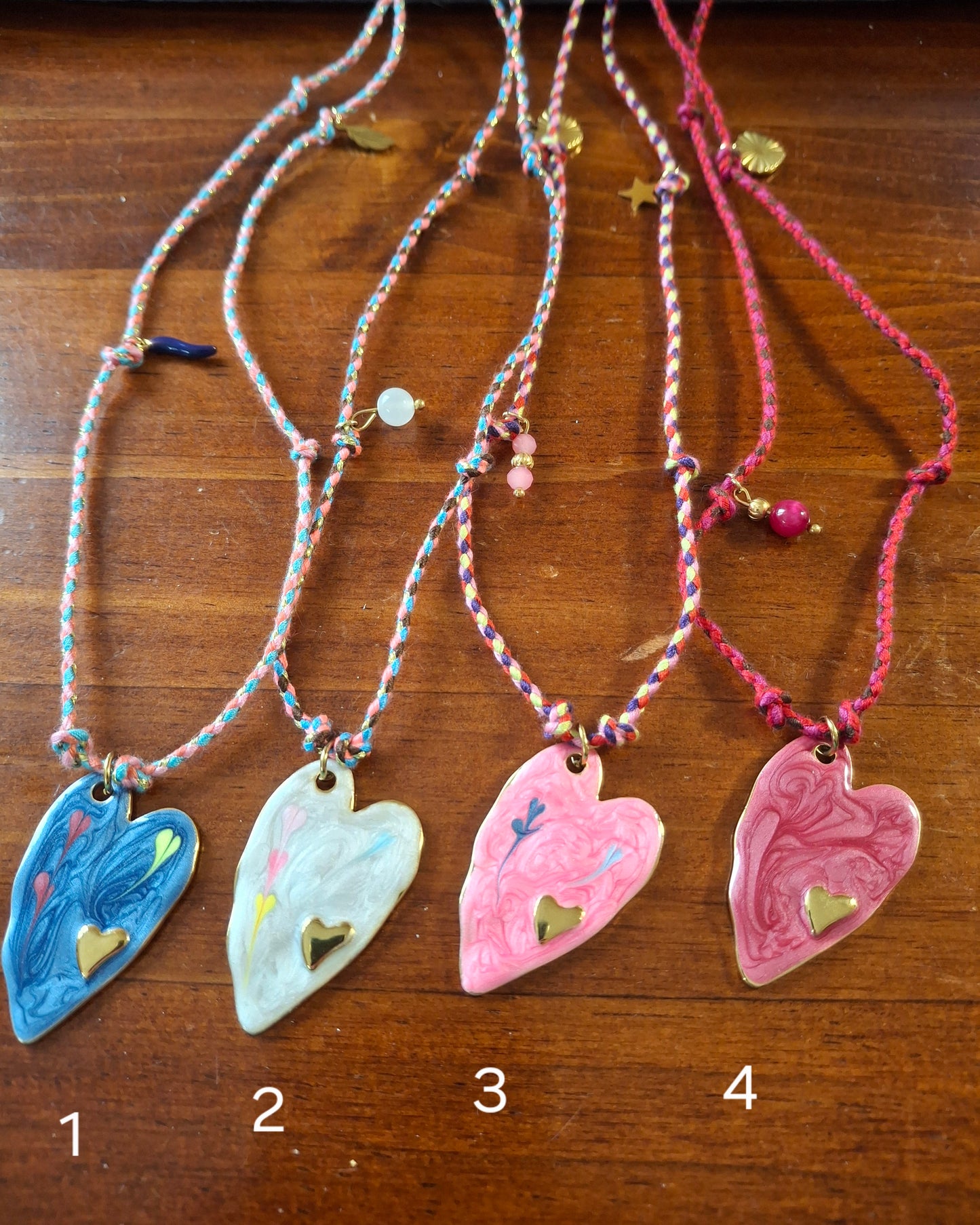 Collier cordon tressé réglable ajustable handmade, pendentif coeur stainless steel 316 et email