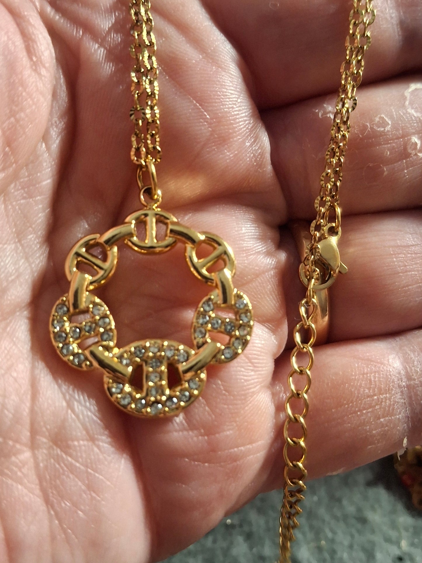 Collier chaîne dorée acier inoxydable stainless steel 316 ,pendentif maille marine serti zirconium stainless steel 316