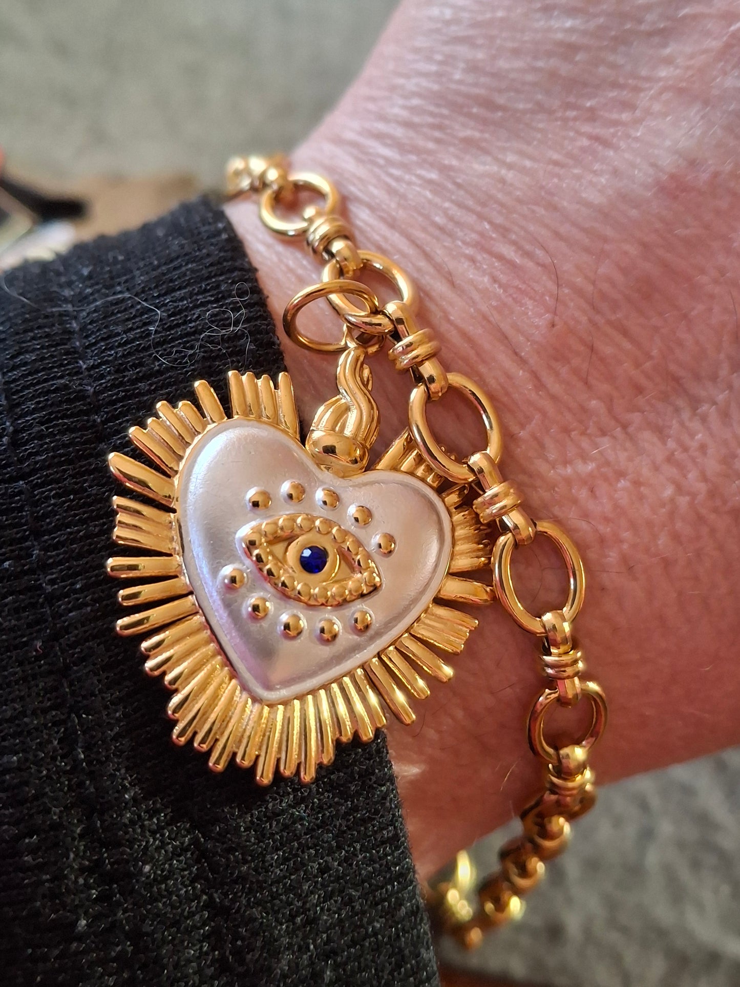 Bracelet maille gourmette grand pendentif coeur stainless steel 316 œil de Turquie sur mesure réglable