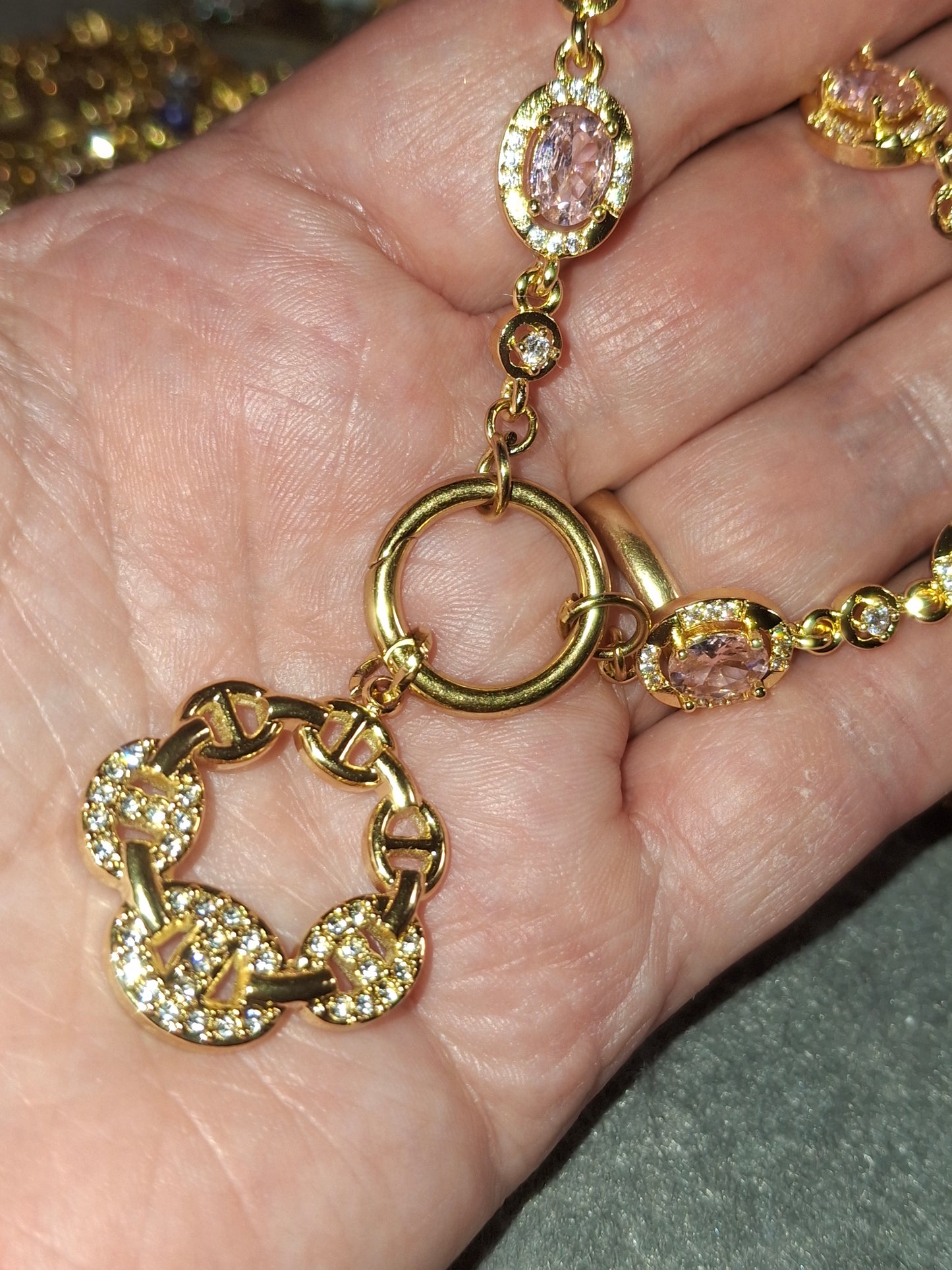Armband Kette Edelstahl mit Kristall- und Zirkonia-Besatz Karabinerverschluss und polierter Edelstahl-Ankerkettenanhänger mit Zirkonia-Besatz handgefertigt