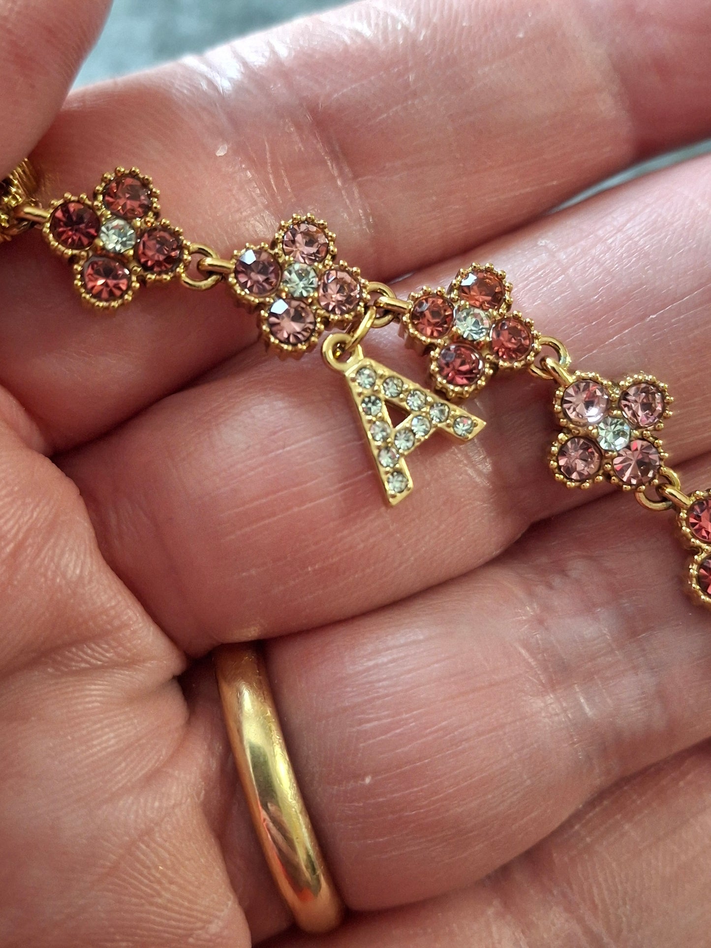 Armband Kette Edelstahl 316 Glieder mit geriffelter Panzerkette und blütenförmiger Kette mit rosafarbenem Kristallbesatz Edelstahl 316 handgefertigt verstellbar