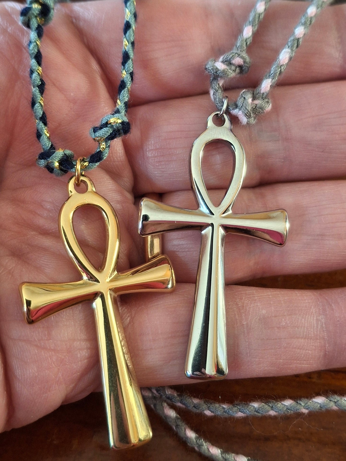 Collier cordon tressé réglable ajustable handmade Pendentif croix ANKH stainless steel 316 poli