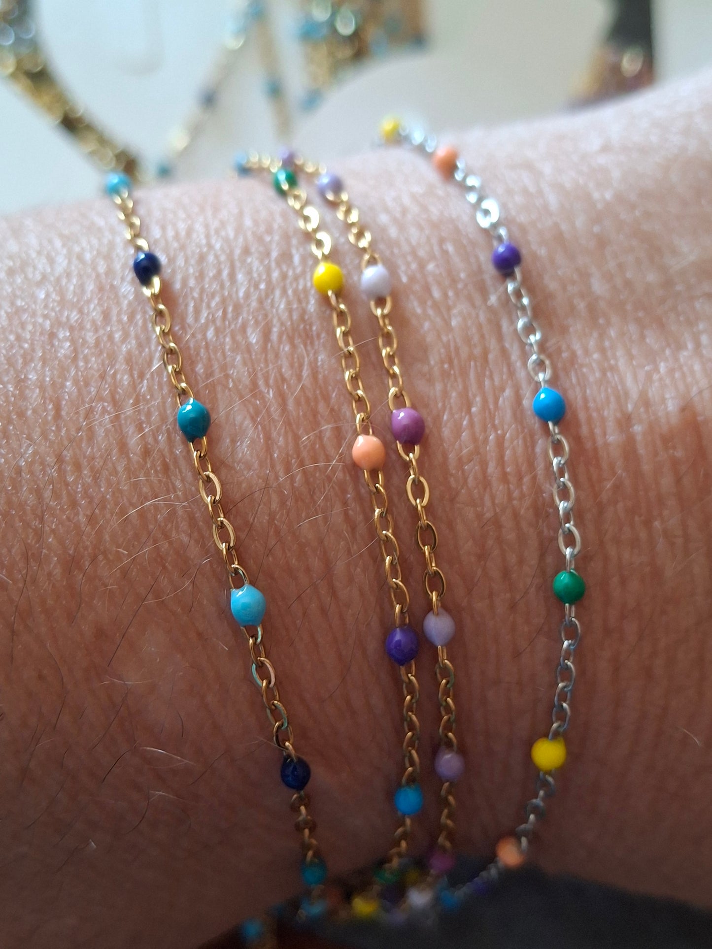 Bracelet chaîne acier inoxydable stainless steel 316 et perles en email coloré longueur sur mesure
