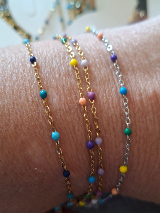 Bracelet chaîne acier inoxydable stainless steel 316 et perles en email coloré longueur sur mesure