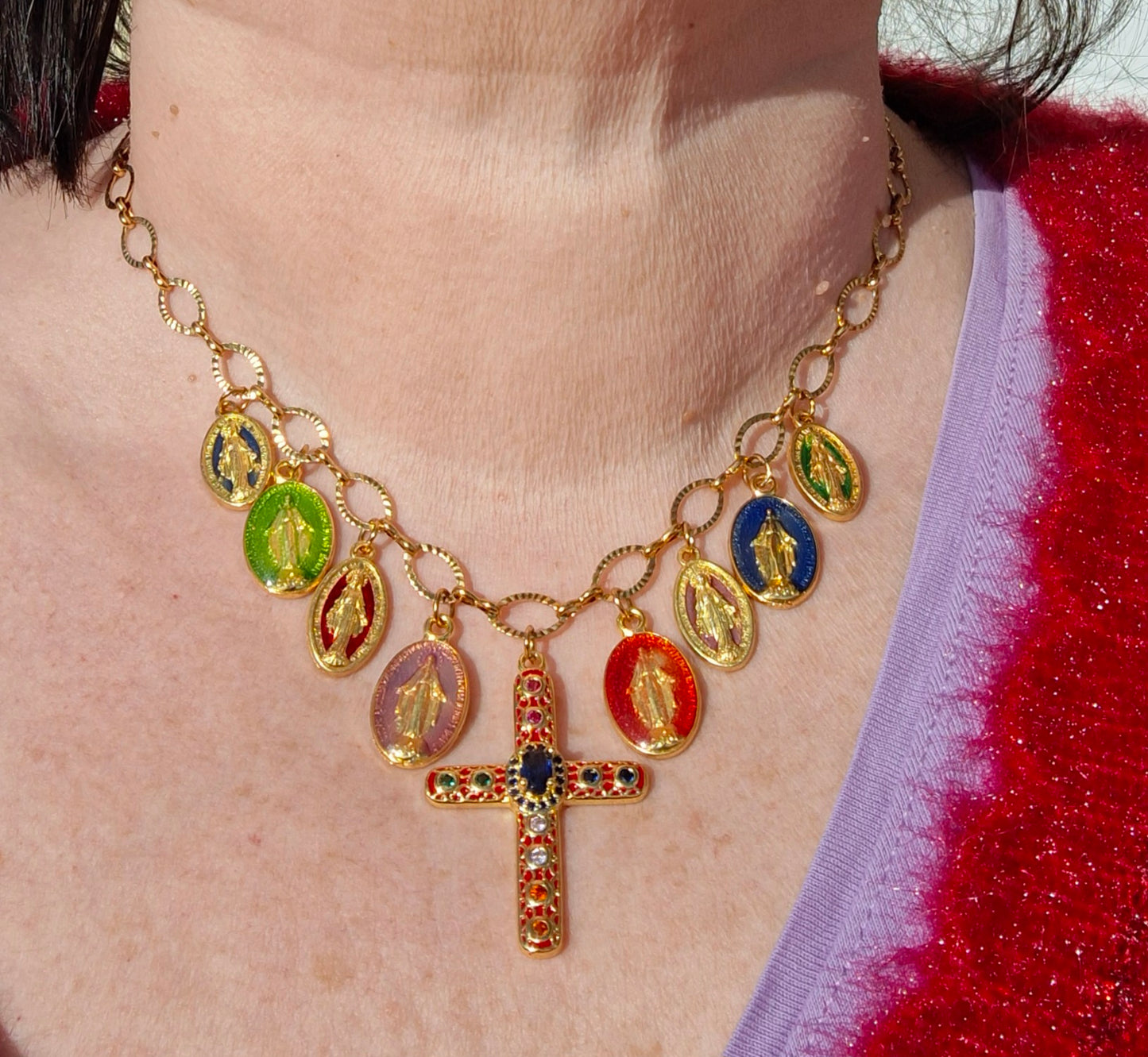 Collier chaîne dorée acier inoxydable stainless steel croix bohème et breloques handmade réglable ajustable