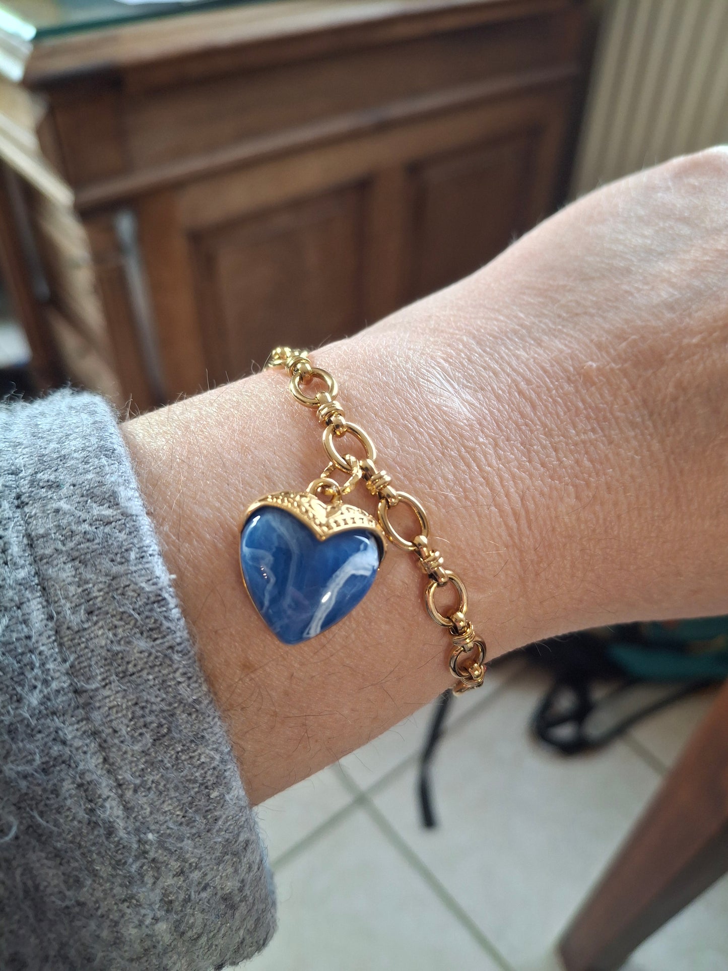 Bracelet chaîne maille gourmette acier inoxydable stainless steel 316 sur mesure grand cœur stainless steel 316 et résine colorée