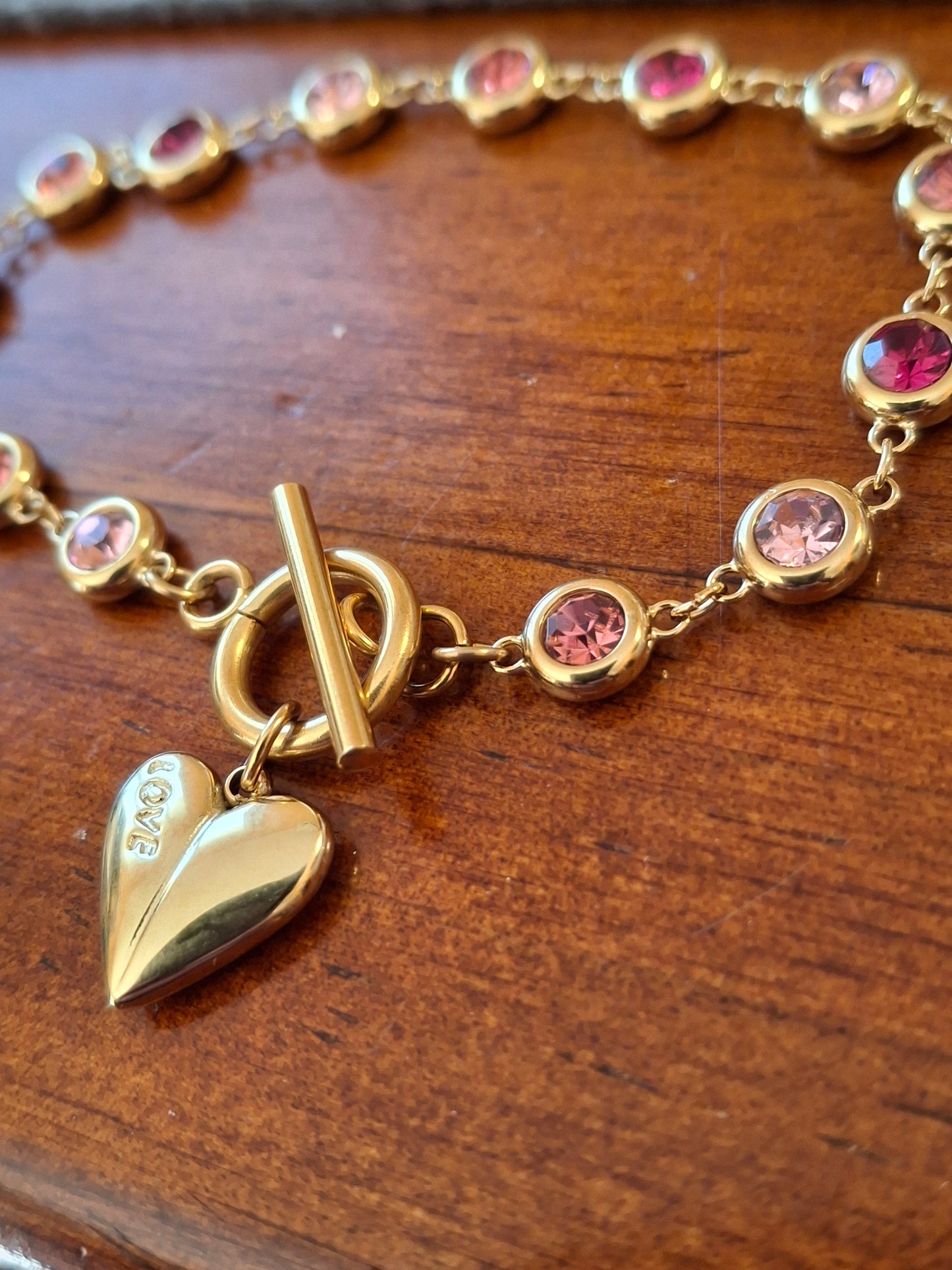 Armband, sehr schöne goldfarbene Kette, Edelstahl 316, mit Kristall besetzt, Knebelverschluss, Herzanhänger, Edelstahl 316
