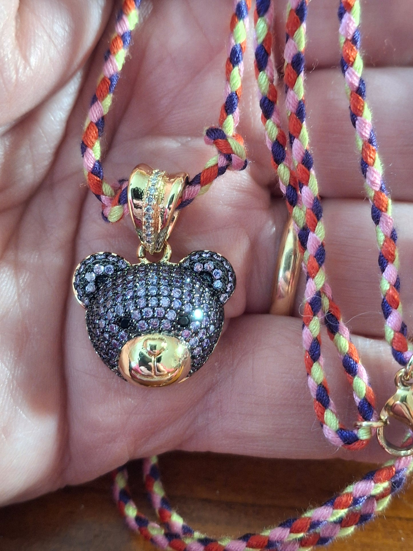 Collier cordon tressé réglable ajustable ourson plaqué or 18K serti zirconium AAA handmade