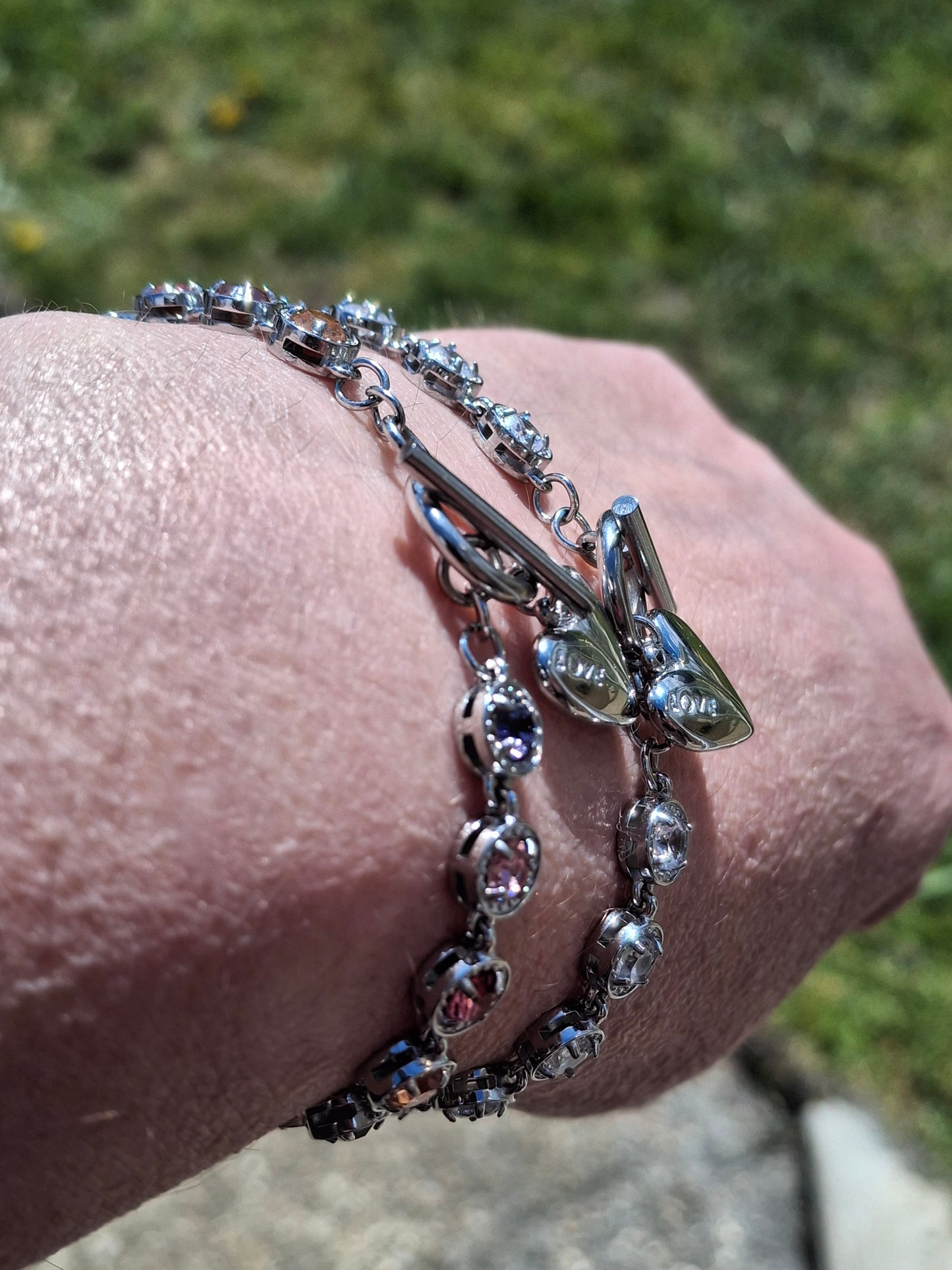 Armband sehr schöne Gliederkette, silberfarben, Edelstahl 316, mit Kristall besetzt, handgefertigt, Knebelverschluss und Herzanhänger Edelstahl 316