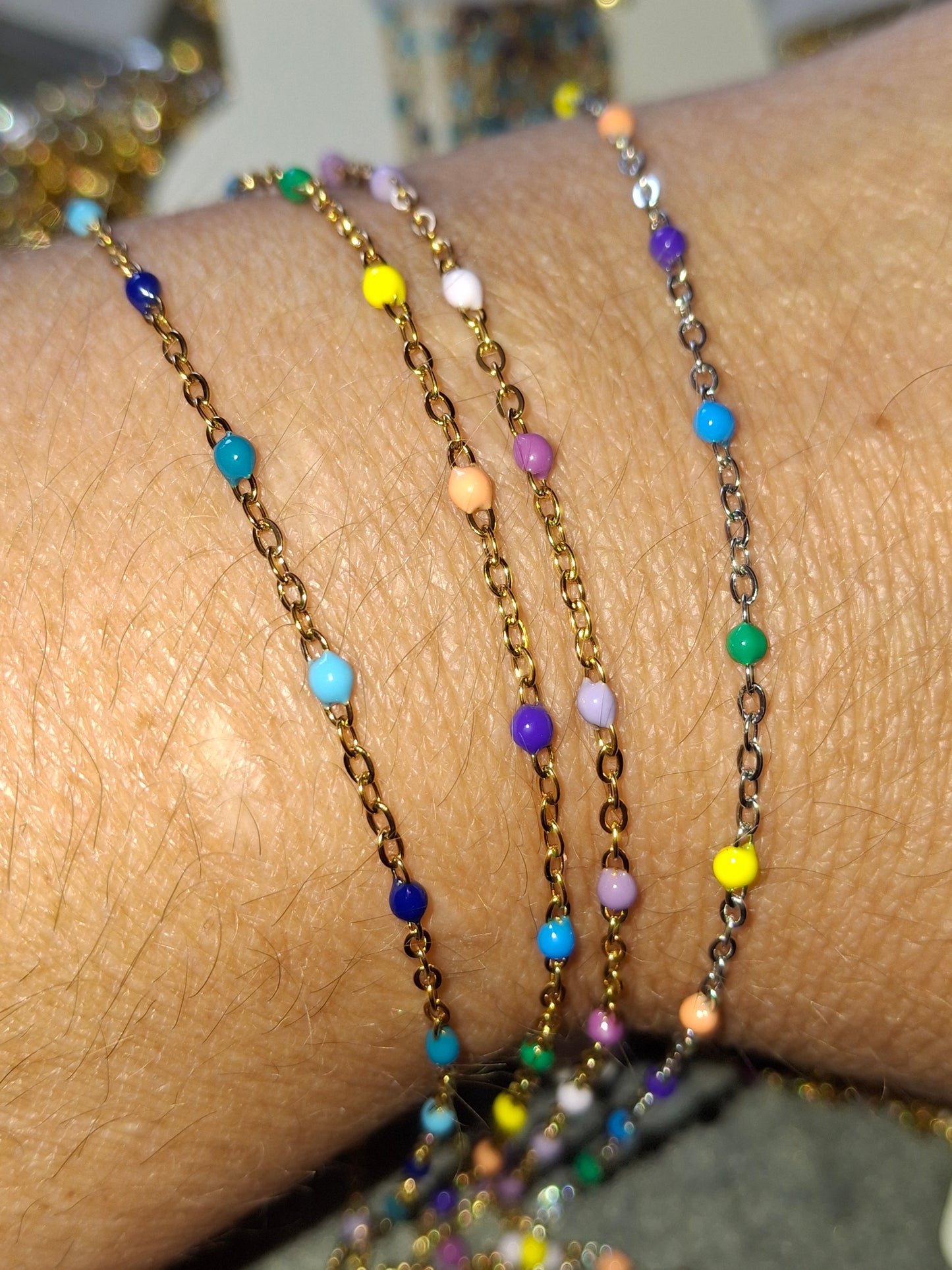 Bracelet chaîne acier inoxydable stainless steel 316 et perles en email coloré longueur sur mesure