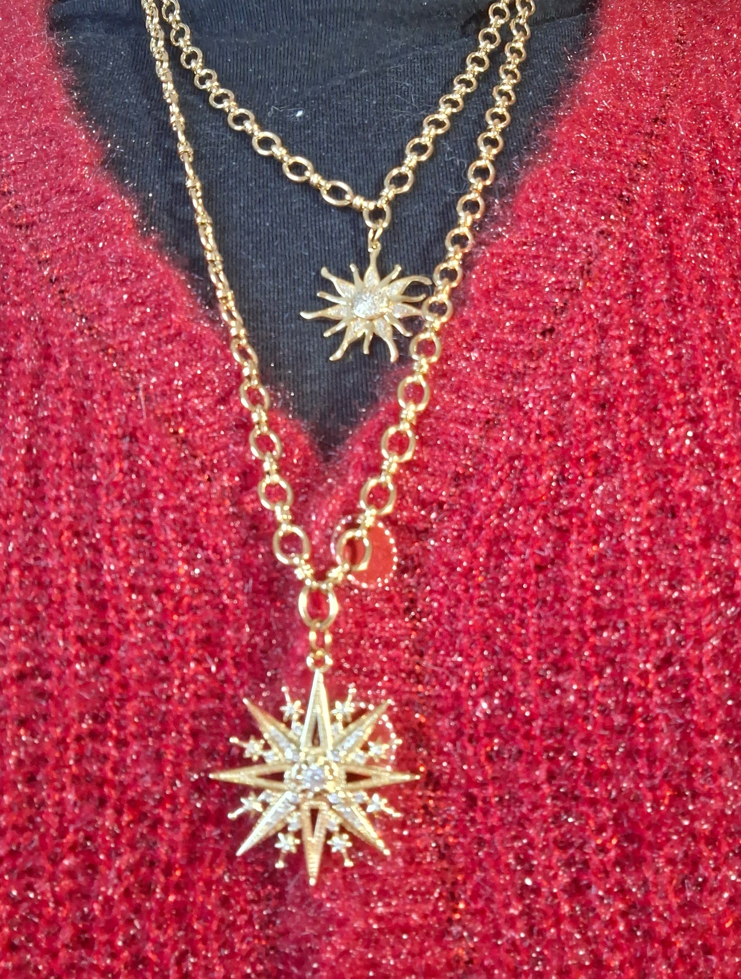 Collier chaîne maille gourmette stainless steel 316 grand pendentif soleil ou étoile plaqué or 18K serti zirconium AAA