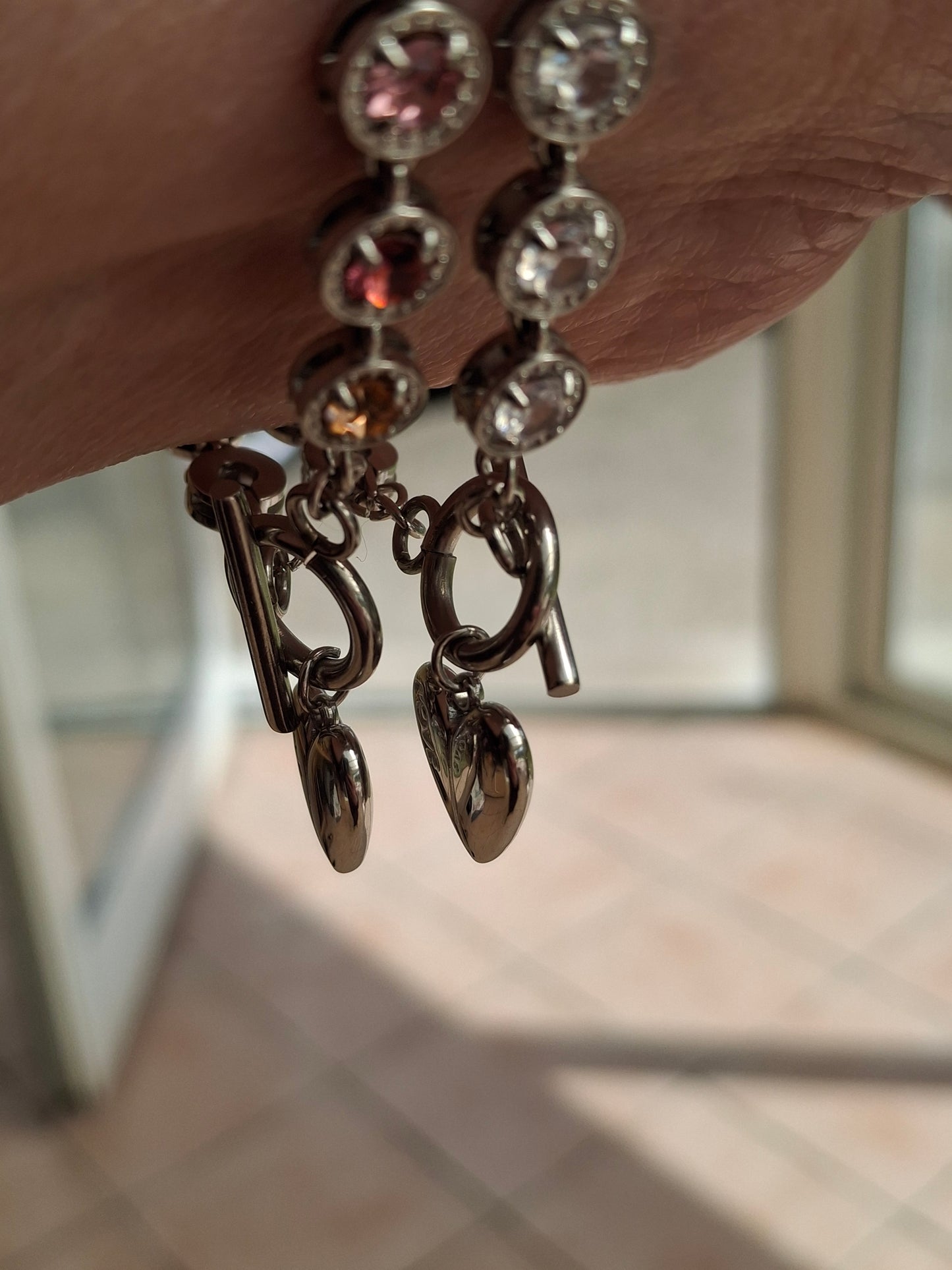 Armband sehr schöne Gliederkette, silberfarben, Edelstahl 316, mit Kristall besetzt, handgefertigt, Knebelverschluss und Herzanhänger Edelstahl 316